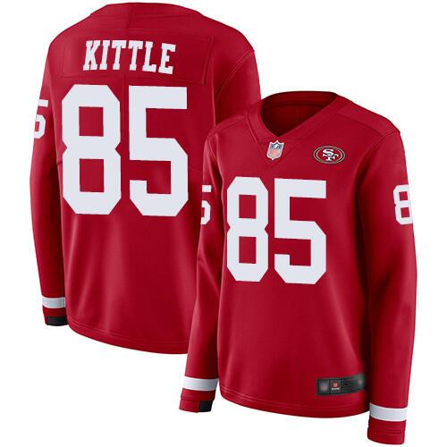 Men's San Francisco 49ers #85 George Kittle Scarlet Therma Long Sleeve Stitched NFL Jersey（Run Small）